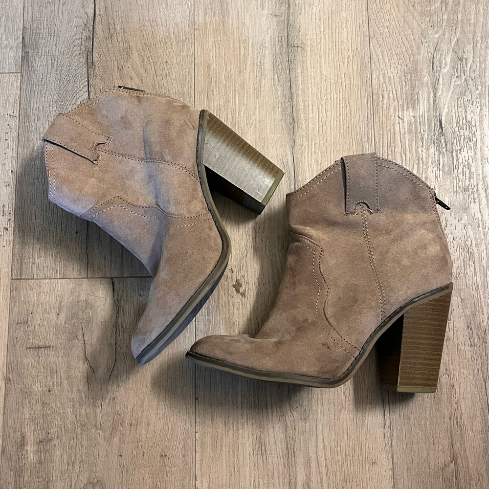 Tan Ankle Booties with Stacked Heel